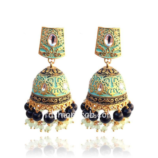 Sea Green Jhumka with Black Pearl for Saree