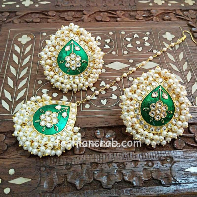 Dark Green Meenakari Earrings with Tikka for Wedding Dark Green Meenakari Earrings with Tikka for Wedding Online