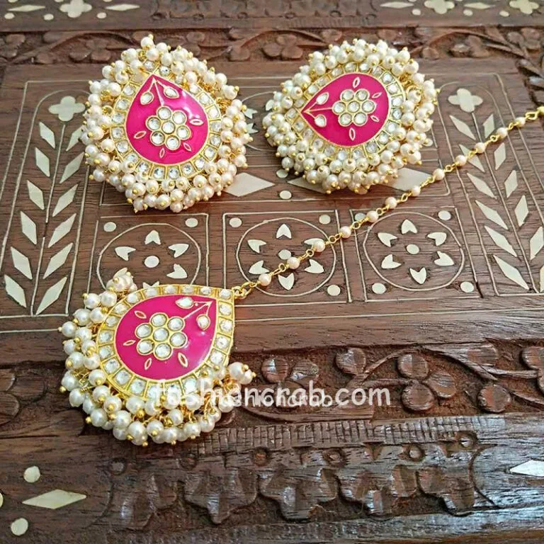 Dark Pink Meenakari Earrings with Tikka for Wedding