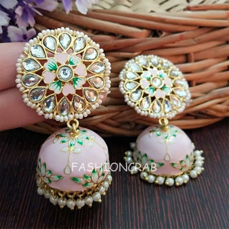 Floral Hand Painted Meenakari Light Pink Jhumka Earring for Women