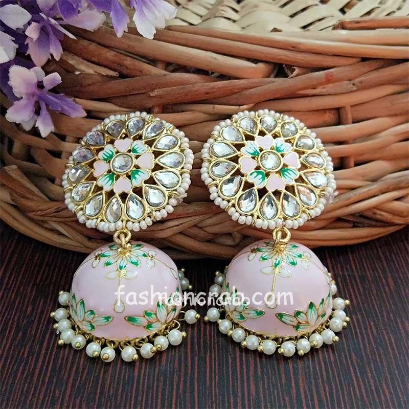 Floral Hand Painted Meenakari Light Pink Jhumka Earring | FashionCrab.com