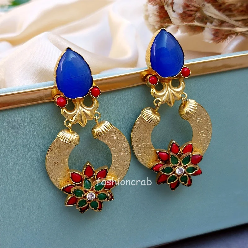 Floral Red Blue Stone Earrings
