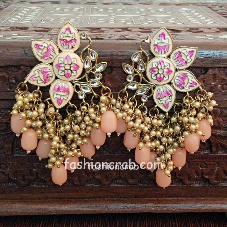 Light Orange Color Enamel Pearl Embellished Chandbali Earring