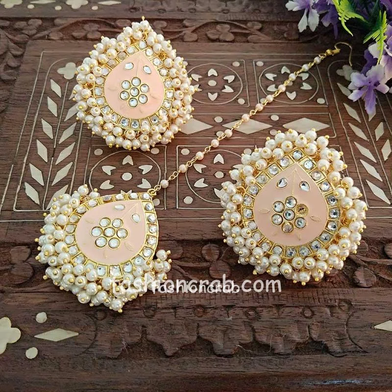 Light Pink Meenakari Earrings with Tikka for Wedding