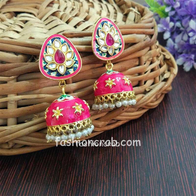 Small Pink Meenakari Jhumka Earring Small Pink Meenakari Jhumka Earring