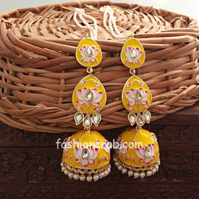 Yellow Meenakari Layered Jhumka Earrings for Sangeet Yellow Meenakari Layered Jhumka Earrings for Sangeet