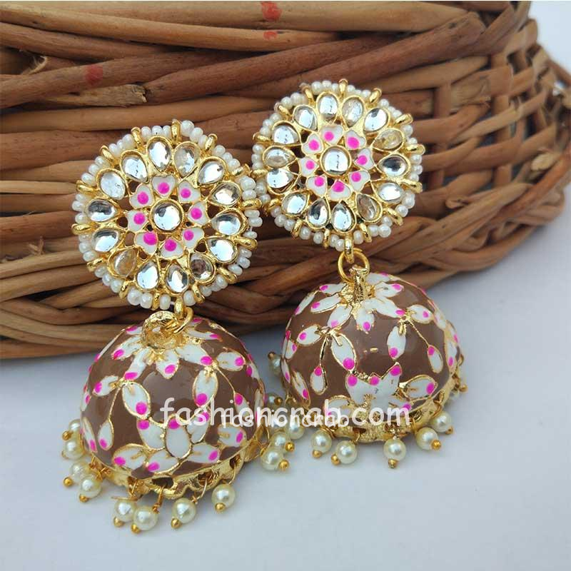 Bollywood Style Meenakari Brown Jhumka Earring | FashionCrab.com