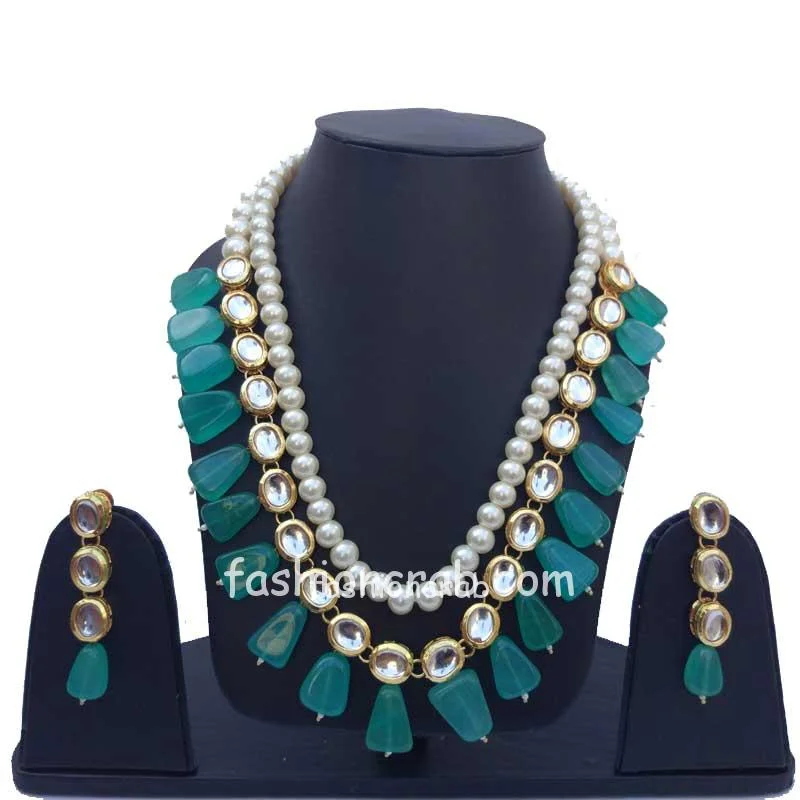 Green Pearl Kundan Necklace Set for Wedding