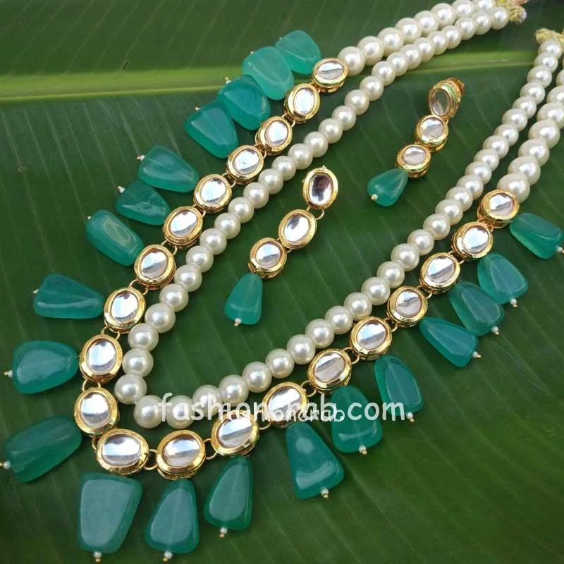 Green Pearl Kundan Necklace Set for Wedding