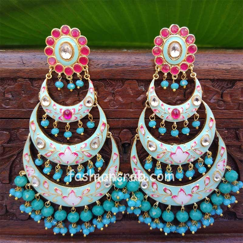 Light Blue Chandbali Earrings with Pearls