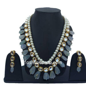 Light Grey Pearl Kundan Necklace Set for Wedding