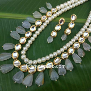 Light Grey Pearl Kundan Necklace Set for Wedding