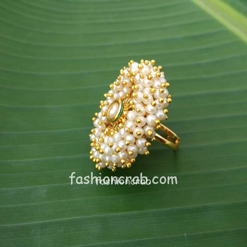 Pearl and Kundan Traditional Finger Ring for Wedding