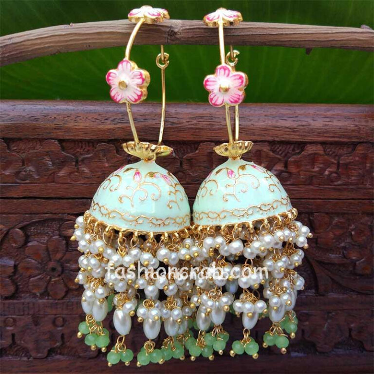 Sea Green Meenakari Pearl Jhumka Earrings for Wedding