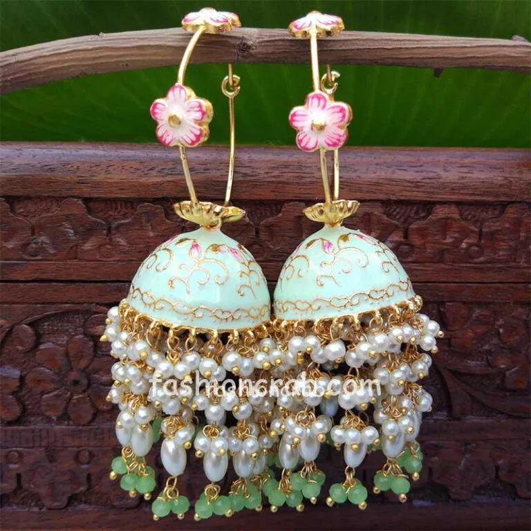 Sea Green Meenakari Pearl Jhumka Earrings for Wedding