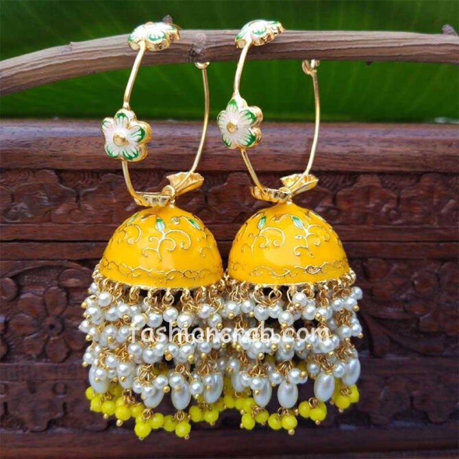 Yellow Meenakari Pearl Jhumka Earrings for Wedding Yellow Meenakari Pearl Jhumka Earrings for Wedding