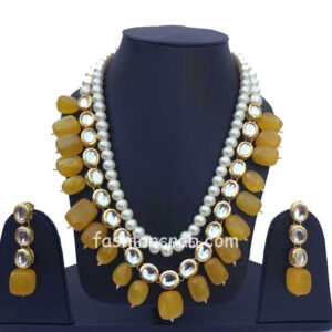 Yellow Pearl Kundan Necklace Set for Wedding