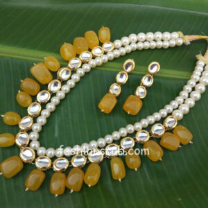 Yellow Pearl Kundan Necklace Set for Wedding