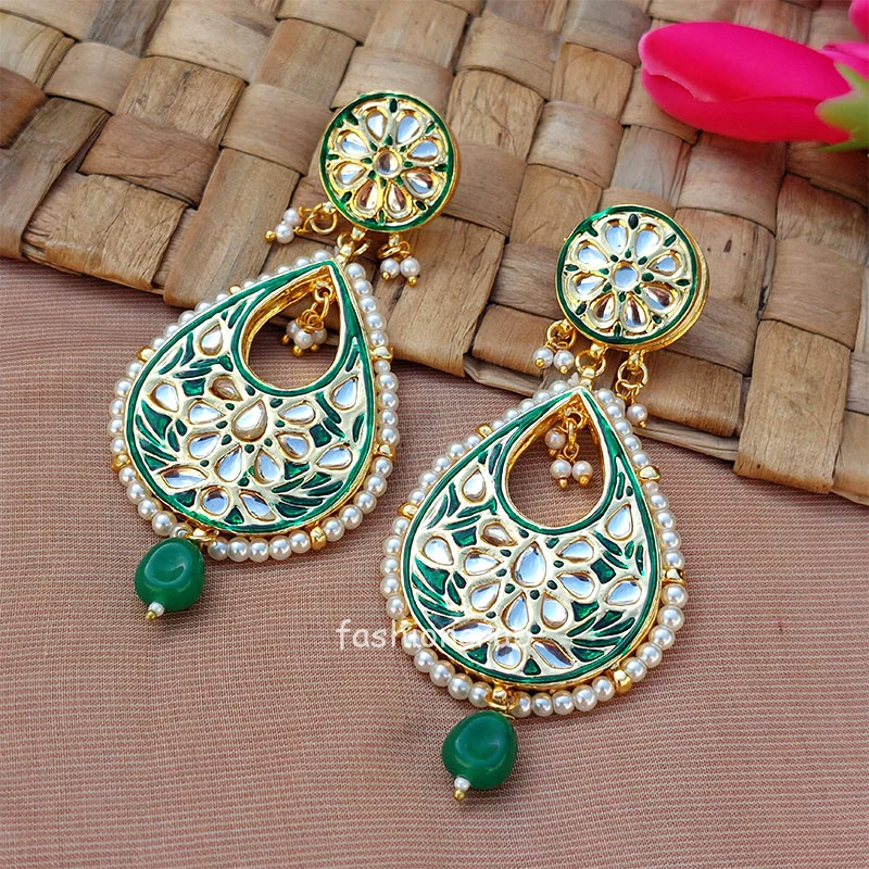 Green Meena Kundan Earring for Women