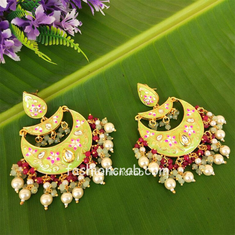 Green Enamel Chandbali Layered Pearl Earrings