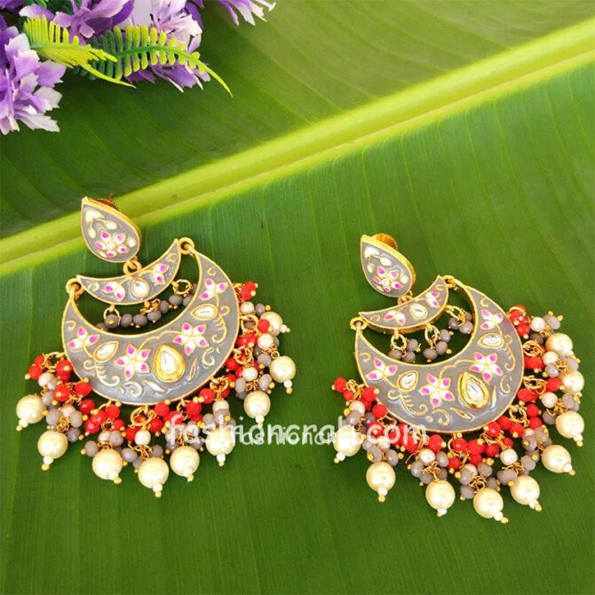 Grey Enamel Chandbali Layered Pearl Earrings Grey Enamel Chandbali Layered Pearl Earrings