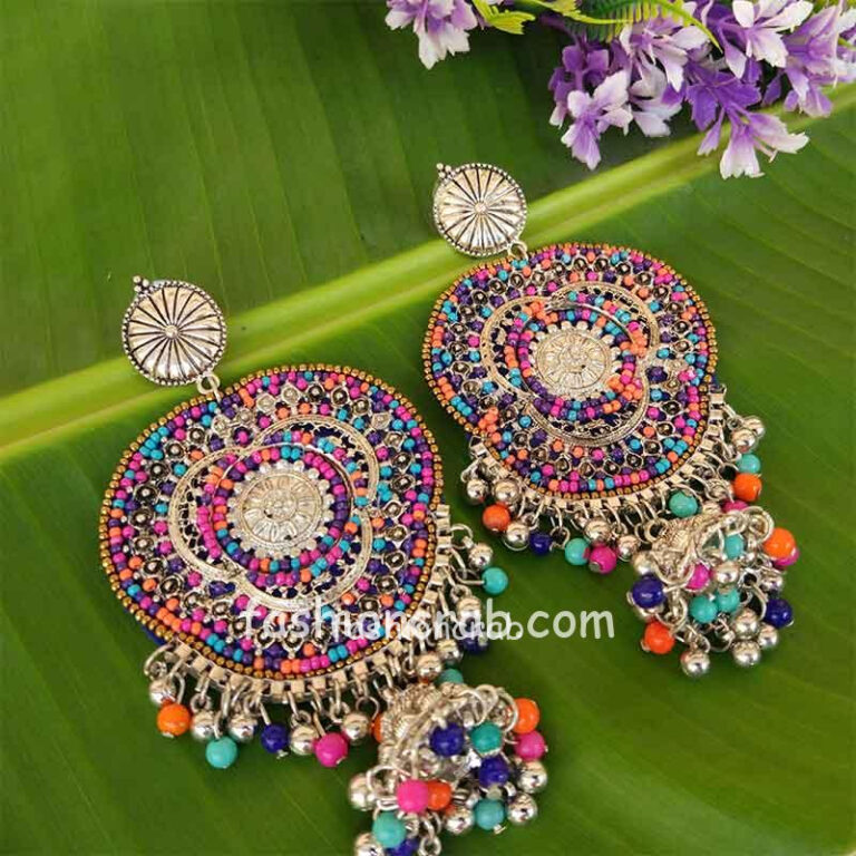 Multicolor Big Indian Oxidized Silver Earring