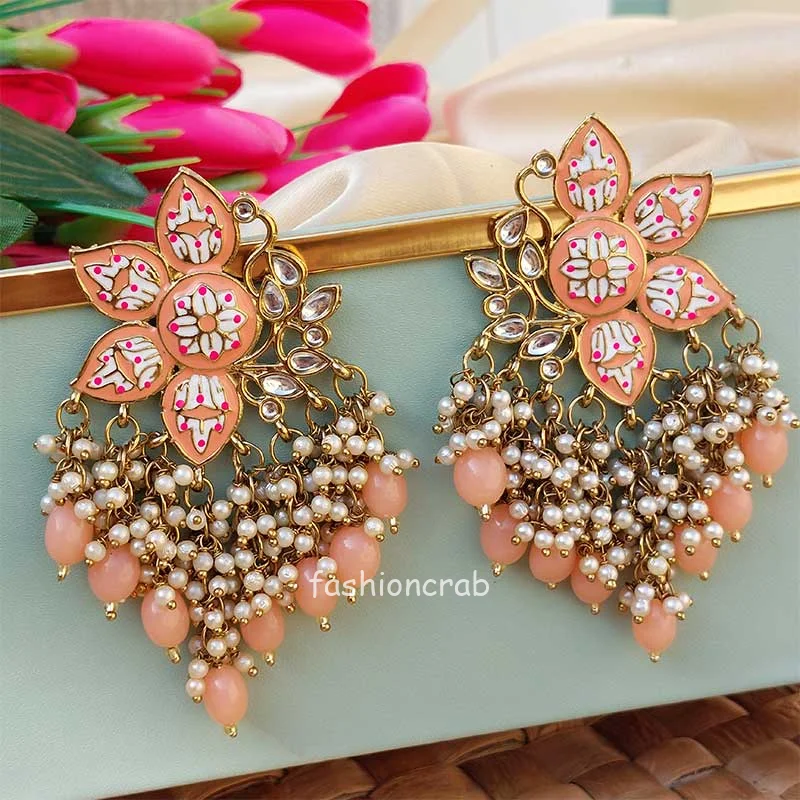 Peach Color Enamel Pearl Embellished Chandbali Earring