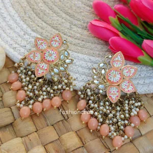 Peach Color Enamel Pearl Embellished Chandbali Earring