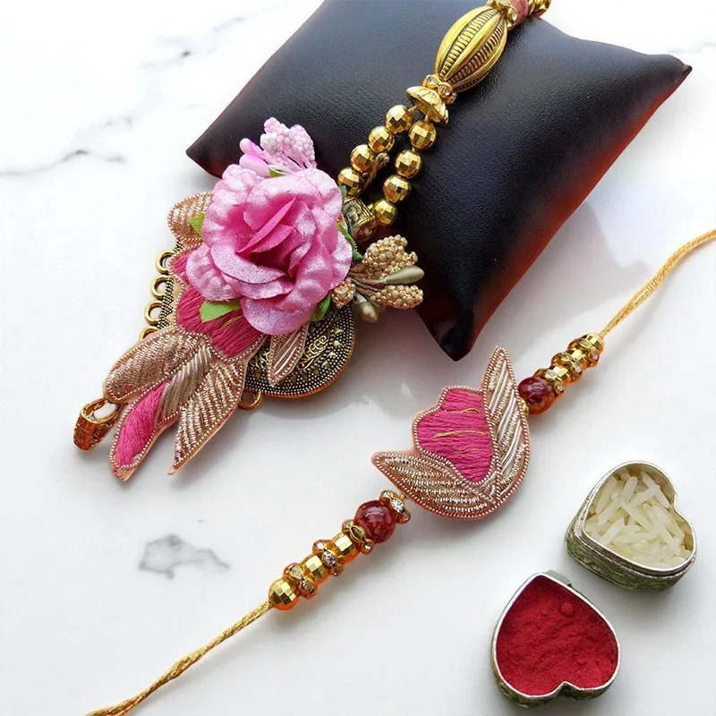 Pink Flower Lumba Rakhi Set