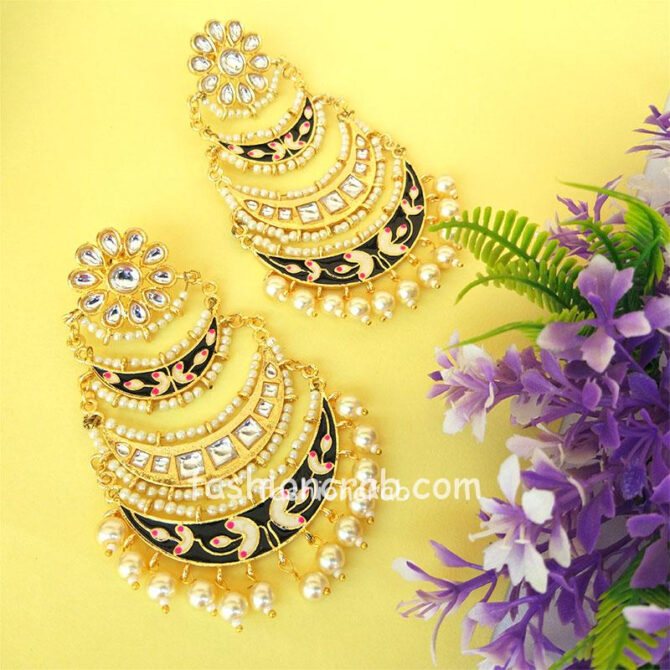 Three Layer Black Meenakari Kundan Chandbali Earring Three Layer Black Meenakari Kundan Chandbali Earring