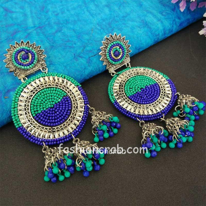 Blue Green Oxidized Silver Toned Chandbali Blue Green Oxidized Silver Toned Chandbali
