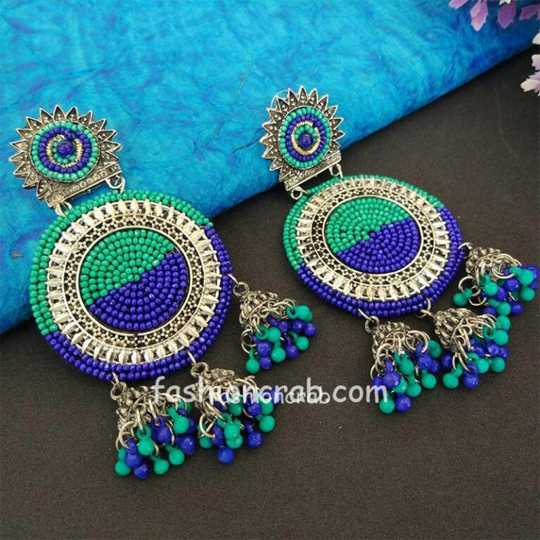 Blue Green Oxidized Silver Toned Chandbali