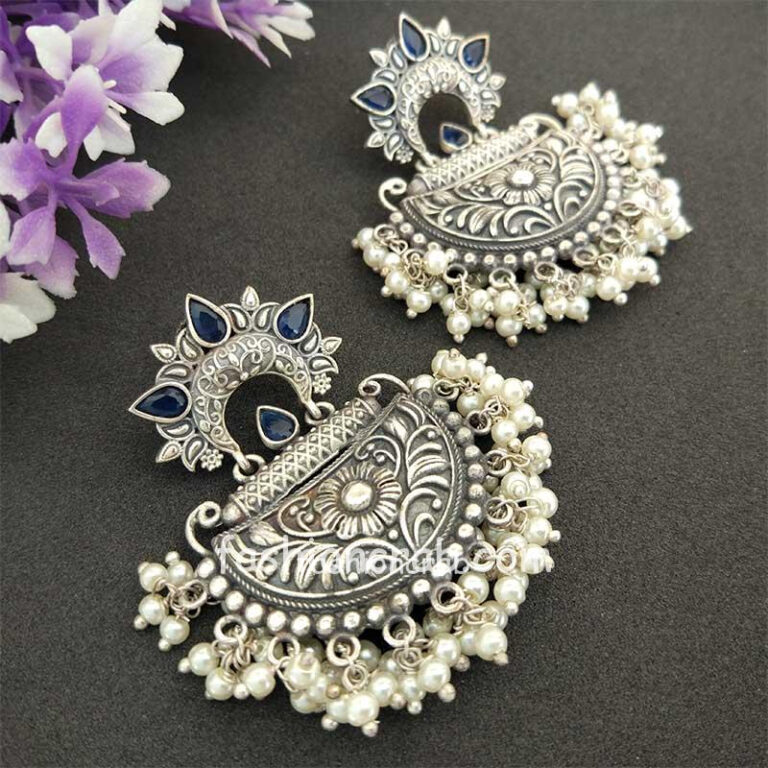 Blue Stone Silver Look Alike Pearl Earrings
