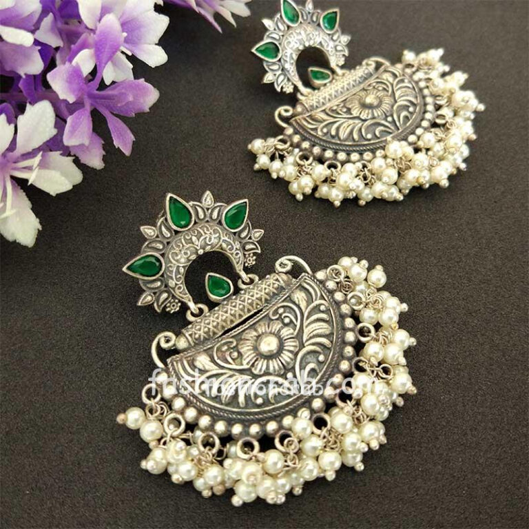 Green Stone Silver Look Alike Pearl Earrings