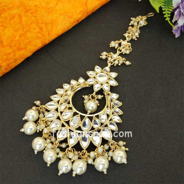 Kundan Stone Studded Pearl Maangtikka Set for Wedding