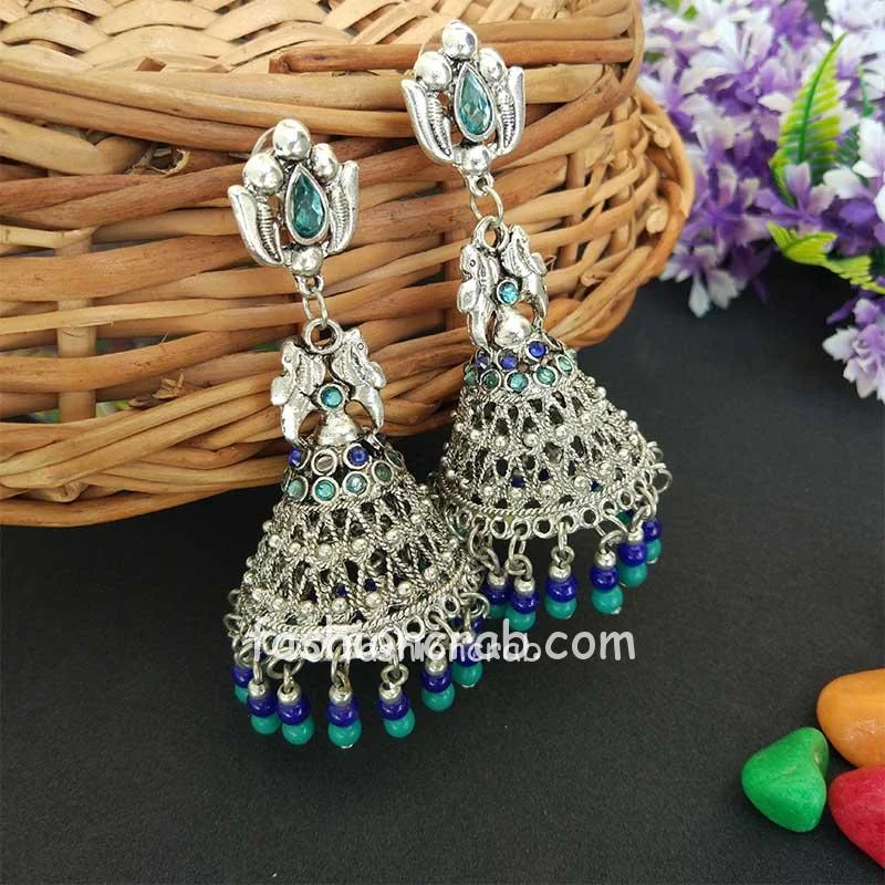 Oxidised Silver Toned Blue Green Jhumka