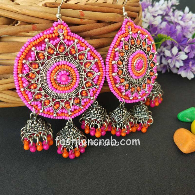 Pink Orange Beads Oxidized Jhumka Earrings for College