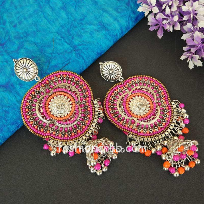 Pink Orange Big Indian Oxidized Silver Earring Pink Orange Big Indian Oxidized Silver Earring