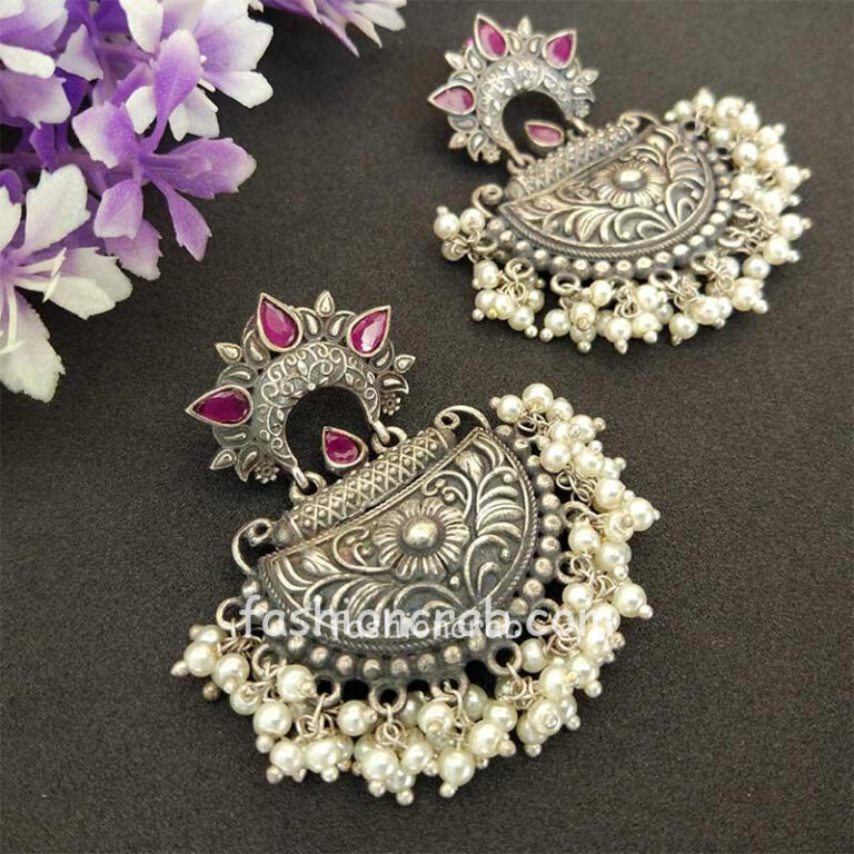 Pink Stone Silver Look Alike Pearl Earrings