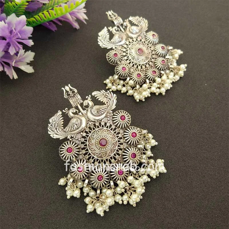 Trishul Damru Pink Stone Oxidised Pearl Earring