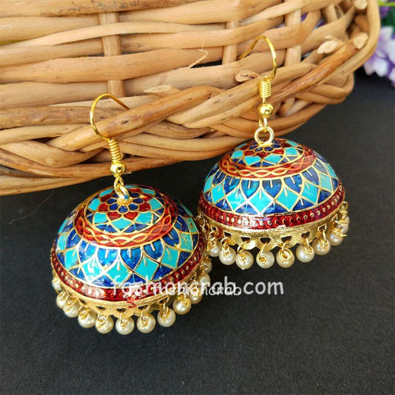 Blue White Pearl Meenakari Jhumki Earring