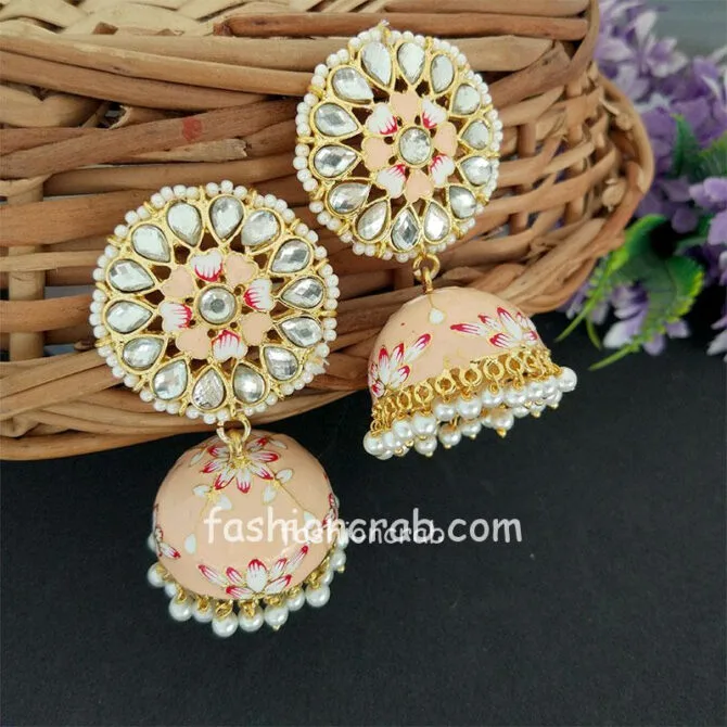 Floral Hand Painted Peach Meenakari Jhumka for Women Floral Hand Painted Peach Meenakari Jhumka for Women