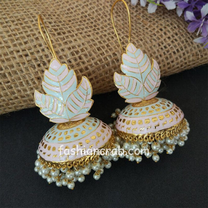 Light Blue Pink Meenakari Big Jhumka Earrings for Wedding Light Blue Pink Meenakari Big Jhumka Earrings for Wedding