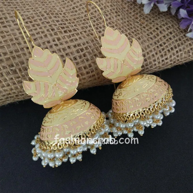 Light Orange Meenakari Big Jhumka Earrings for Wedding Light Orange Meenakari Big Jhumka Earrings for Wedding