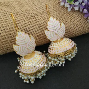 Light Pink White Meenakari Big Jhumka Earrings for Wedding