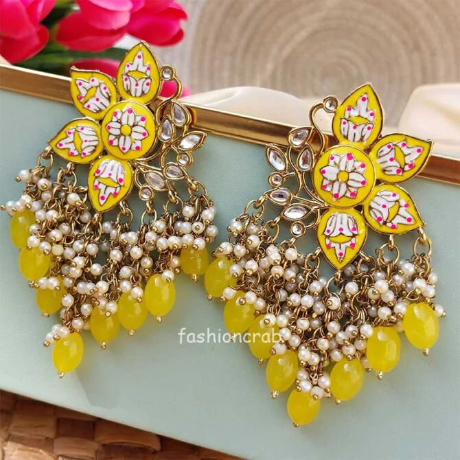 Yellow Color Enamel Pearl Embellished Chandbali Earring-02 Yellow Color Enamel Pearl Embellished Chandbali Earring