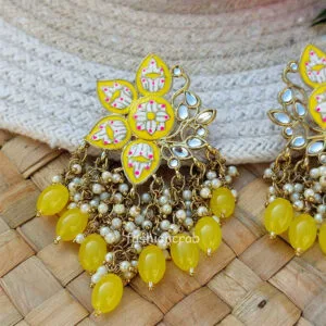 Yellow Color Enamel Pearl Embellished Chandbali Earring