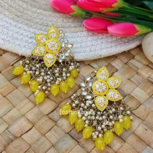 Yellow Color Enamel Pearl Embellished Chandbali Earring