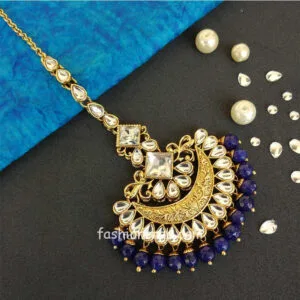 Dark Blue Pearl Kundan Earrings with Maangtikka for Lehenga