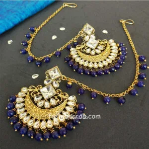 Dark Blue Pearl Kundan Earrings with Maangtikka for Lehenga